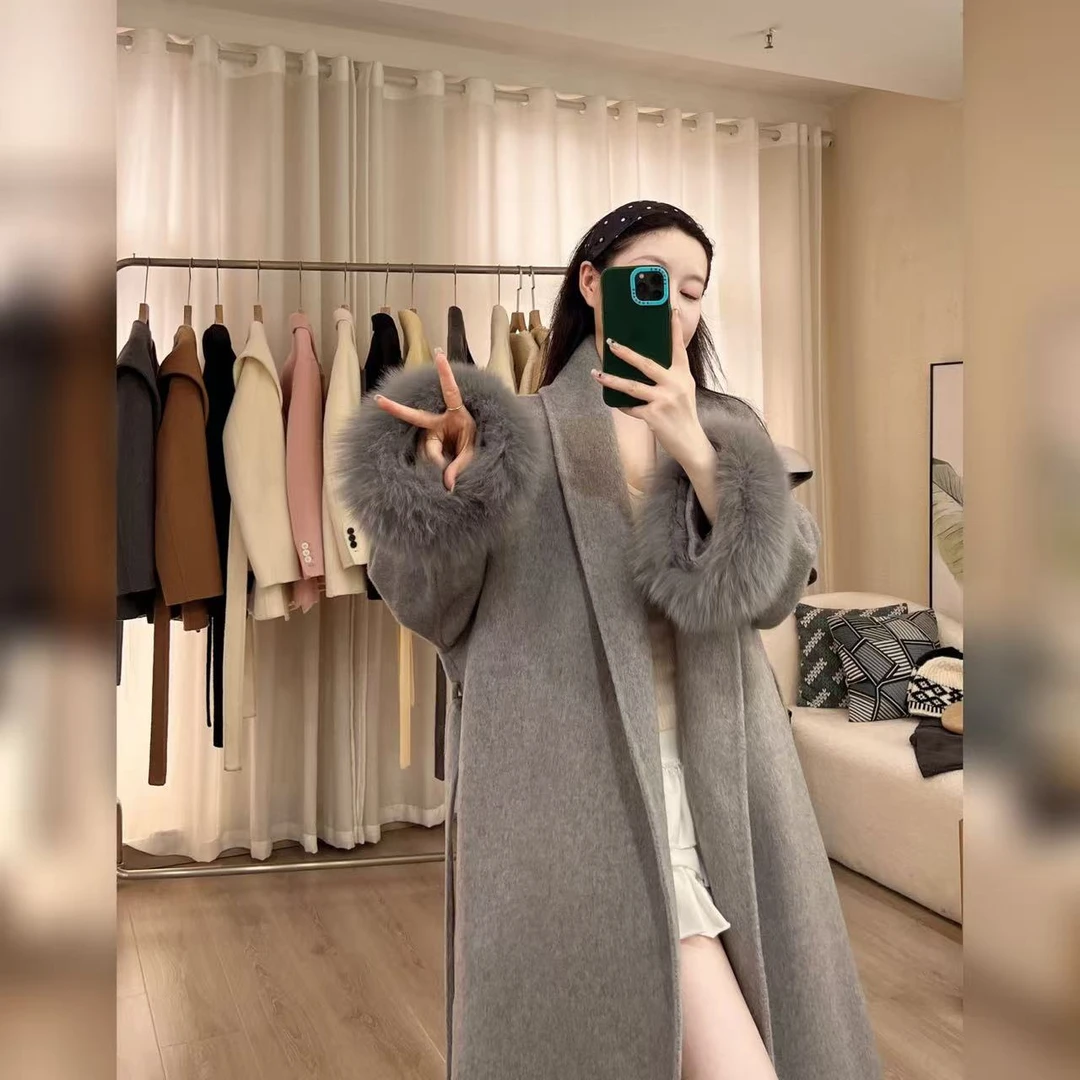 【YJing】长款贵气感秋冬双面羊毛可拆卸狐狸毛袖双面羊毛大衣2565#