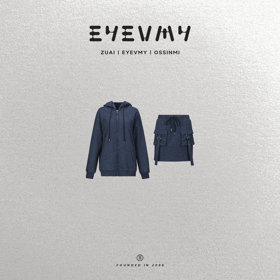 【美系工装洗水卫衣套装】原创蜡染拉链工装口袋半裙套装WT43YYQ005