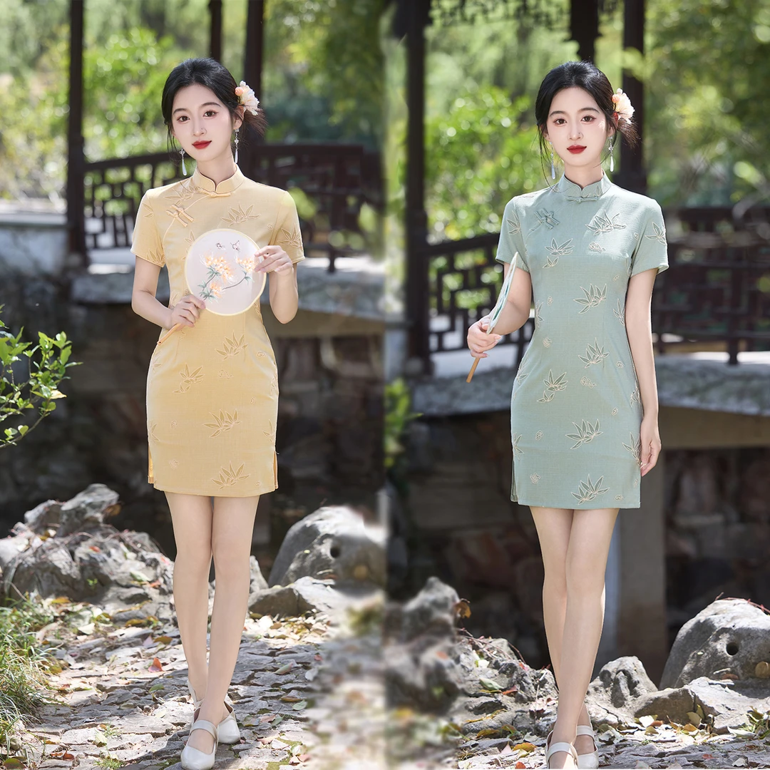 夏季中国风小个子短款旗袍新中式修身日常145-150时尚气质裙-芷云