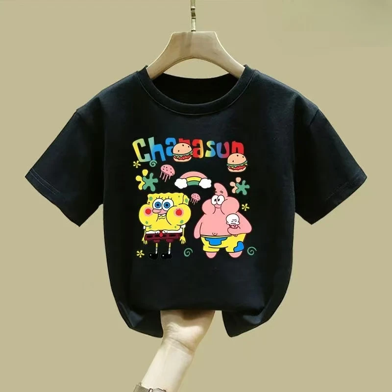 海绵宝宝宽松上衣中大小童洋气可爱T恤纯棉新款男女童2025夏款
