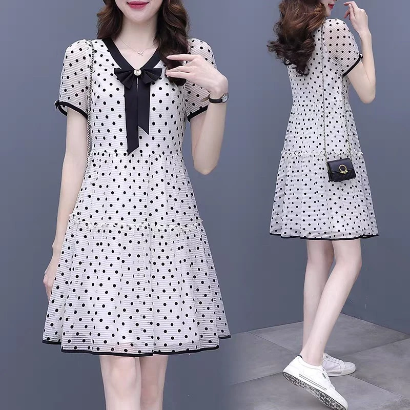 【HQ856】波点连衣裙2024新款温柔风遮肚显瘦减龄蝴蝶结Ａ字裙子