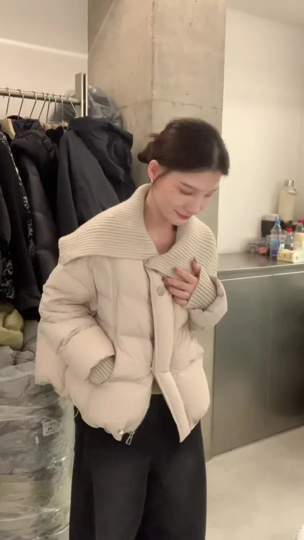 韩系简约针织翻领外套女2025秋冬季新款保暖小个子韩系高级感棉服