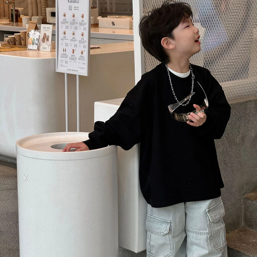 2025春季新款韩版男童纯色百搭宽松破洞打底T恤儿童上衣潮