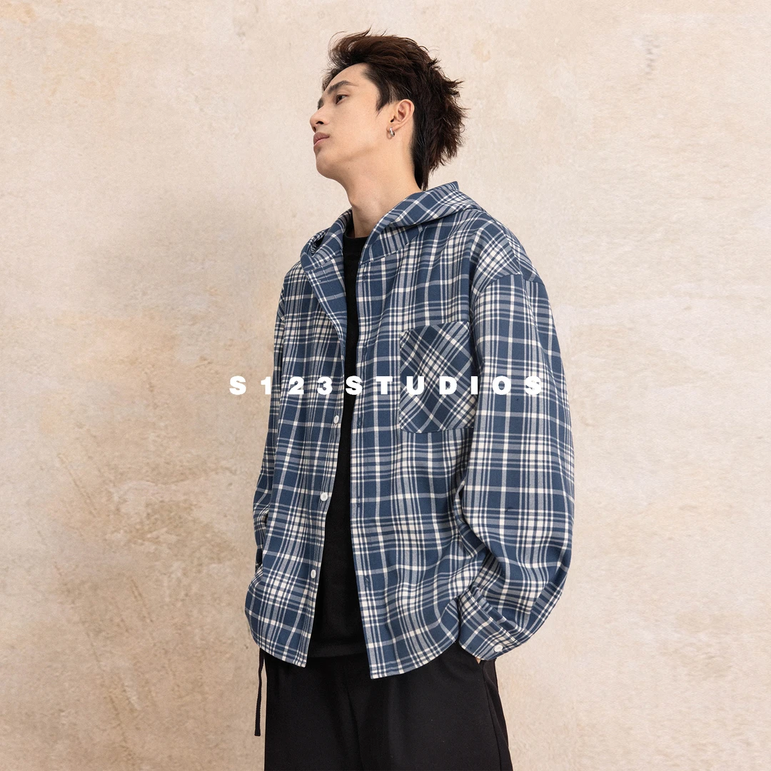 聪明陈2025早秋新品 美式休闲撞色格子连帽长袖衬衫男宽松开衫上