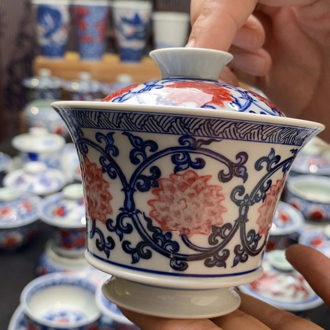 瑕疵釉里红盖碗手绘原矿