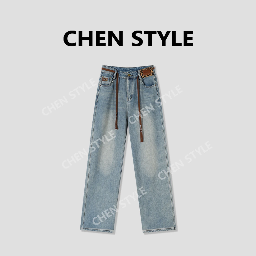 楚楚君~【街头潮流】K98540加厚加绒高腰直筒豹纹标牛仔裤