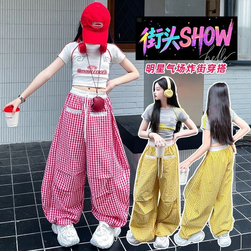 女童短袖套装夏装夏季2025新款洋气女孩时髦格子两件套