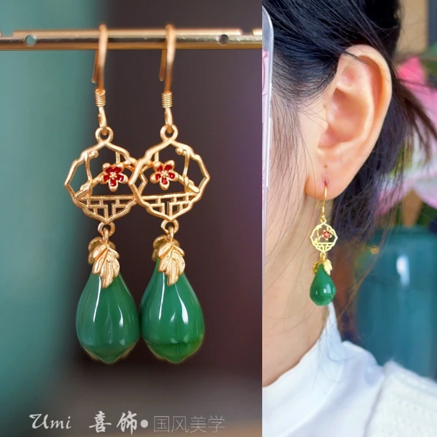 铜合金珐琅耳饰 新中式s925银针国风民族风长款复古宫廷耳环古风