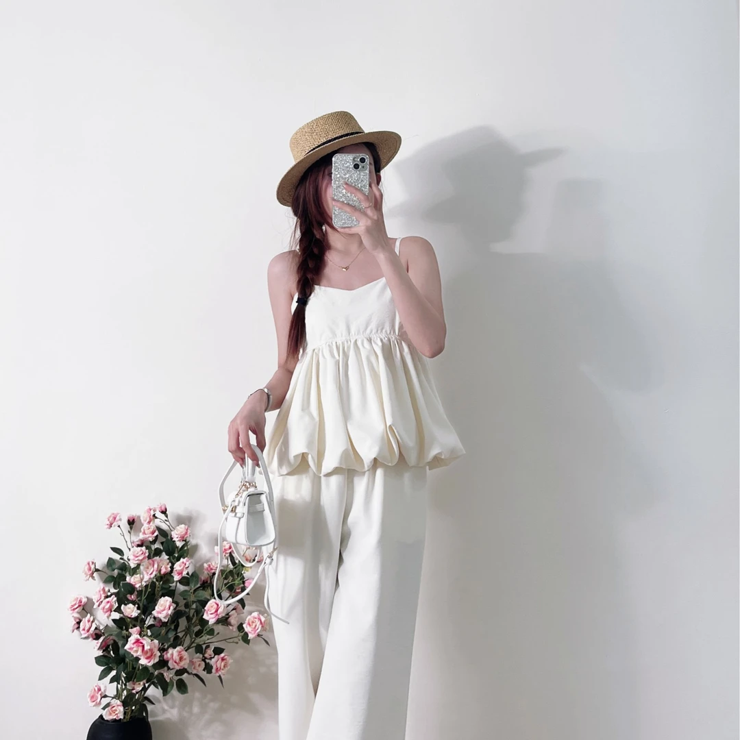 婷婷推荐【木屿画报】清新风格吊带背心上衣阔腿长裤女宽松凉爽套装