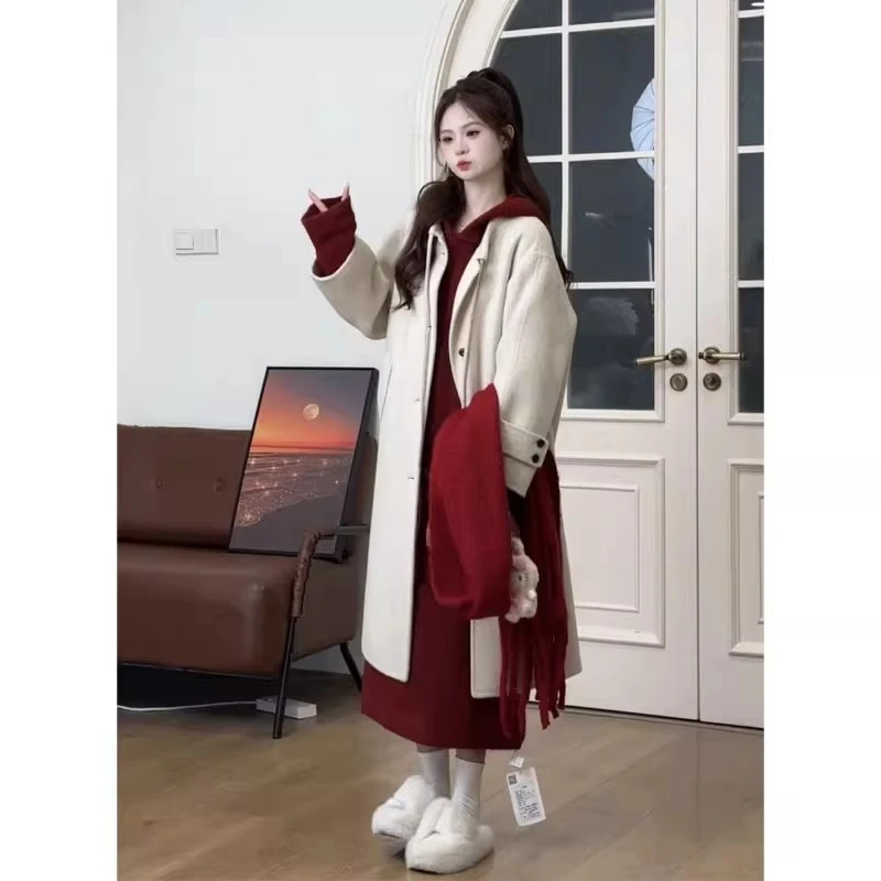 红色连帽打底针织连衣裙女秋冬季慵懒风加厚毛衣裙宽松内搭长裙子