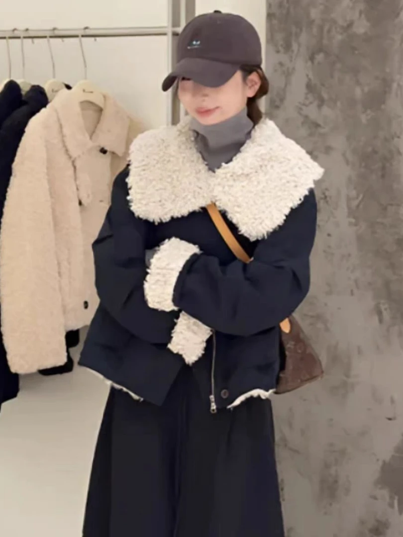 韩版拼接大翻领羊羔毛外套女2025秋冬新款高级感宽松加厚保暖上衣