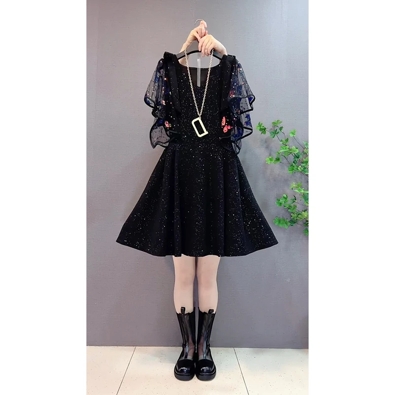 欧货大码重工刺绣亮片连衣裙夏季新款气质M领收腰显瘦中长款A字裙