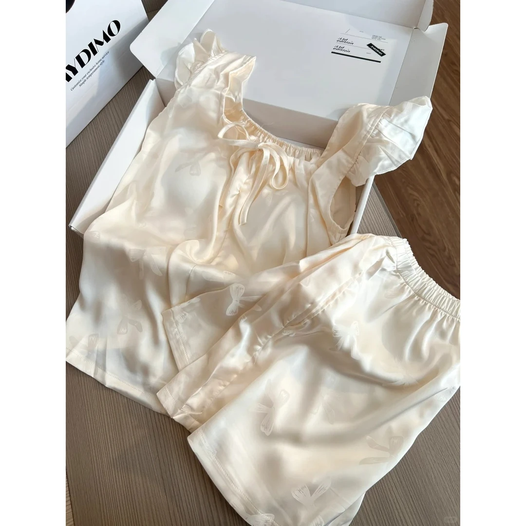 甜美纯欲蝴蝶提花小飞袖冰丝带胸垫睡衣女夏季新款舒适家居服套装