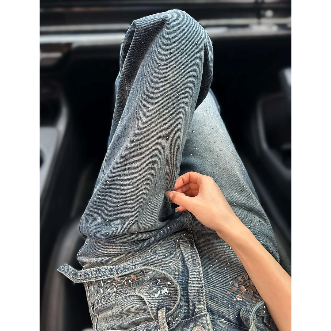 美式复古重工烫钻牛仔裤女春季2025新款高腰宽松阔腿直筒拖地裤子