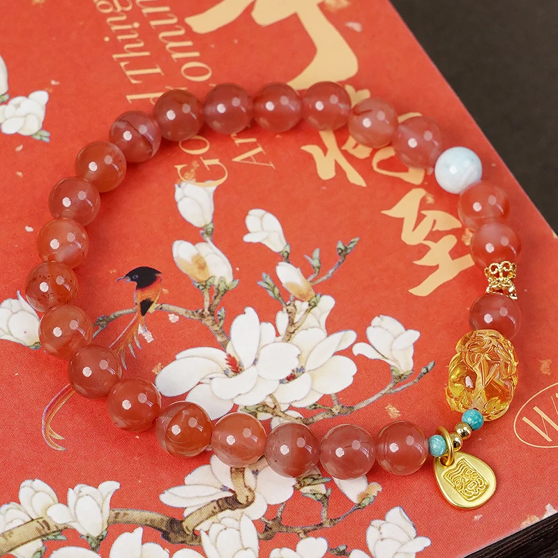 单圈南红精致琥珀貔貅手链-8658