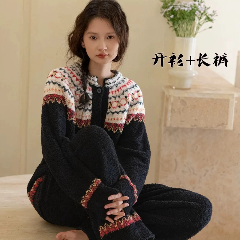 半边绒睡衣女春秋冬季2025新款高级感珊瑚绒冬天可外穿家居服套装