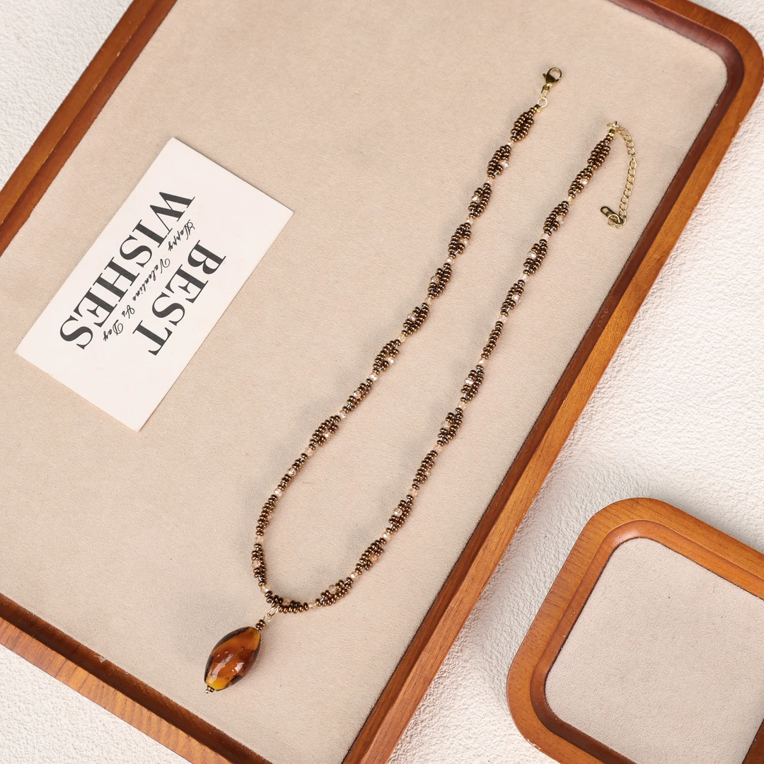 合金项链 XC-18 微瑕咖色椭圆琉璃项链