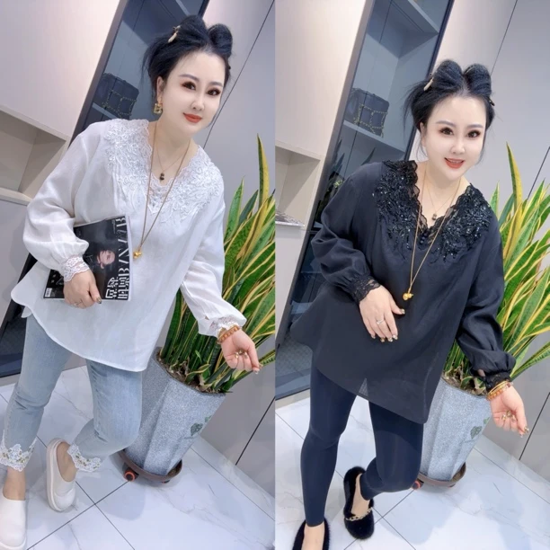 【娟姐精选】8698欧货重工蕾丝袖口蕾丝领口大重工串珠串片时尚麻衫