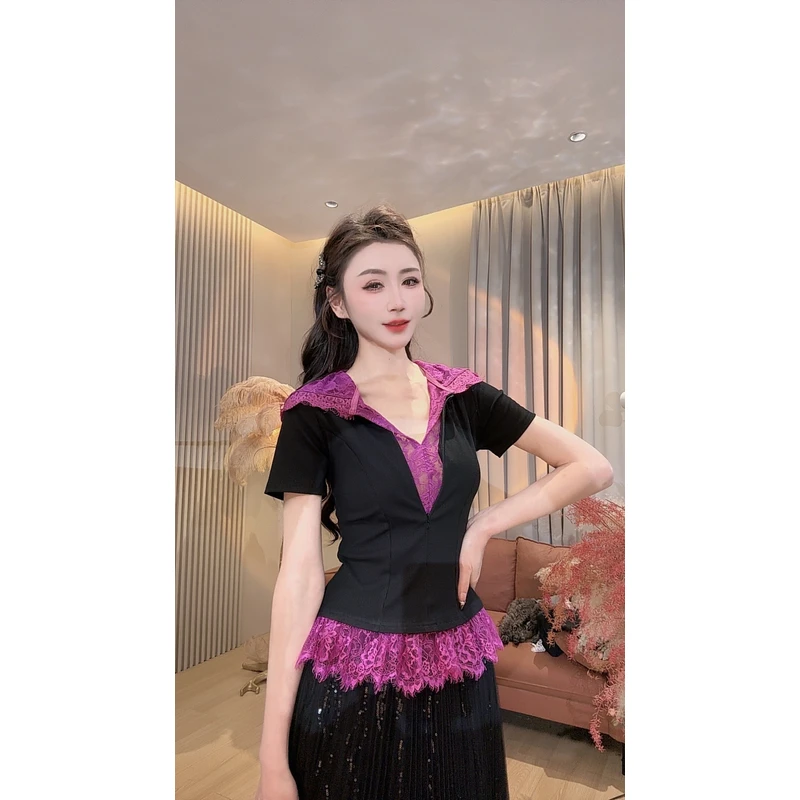 【美美专享】17791蕾丝拼接连帽短袖打底衫假两件T恤上衣女