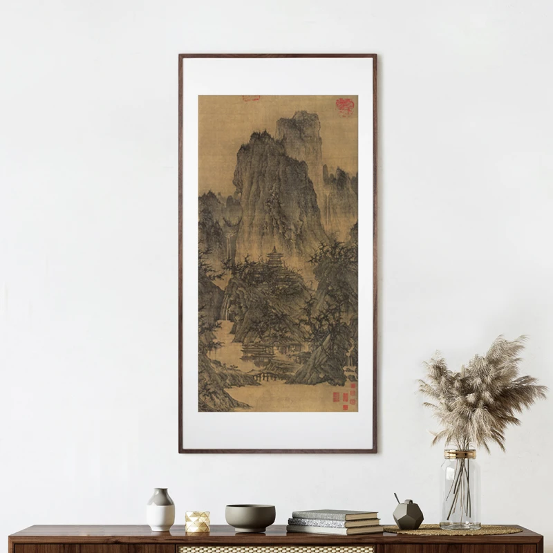 中式装饰画《晴峦萧寺图》绢本设色实木榫卯书房玄关挂画山水国画