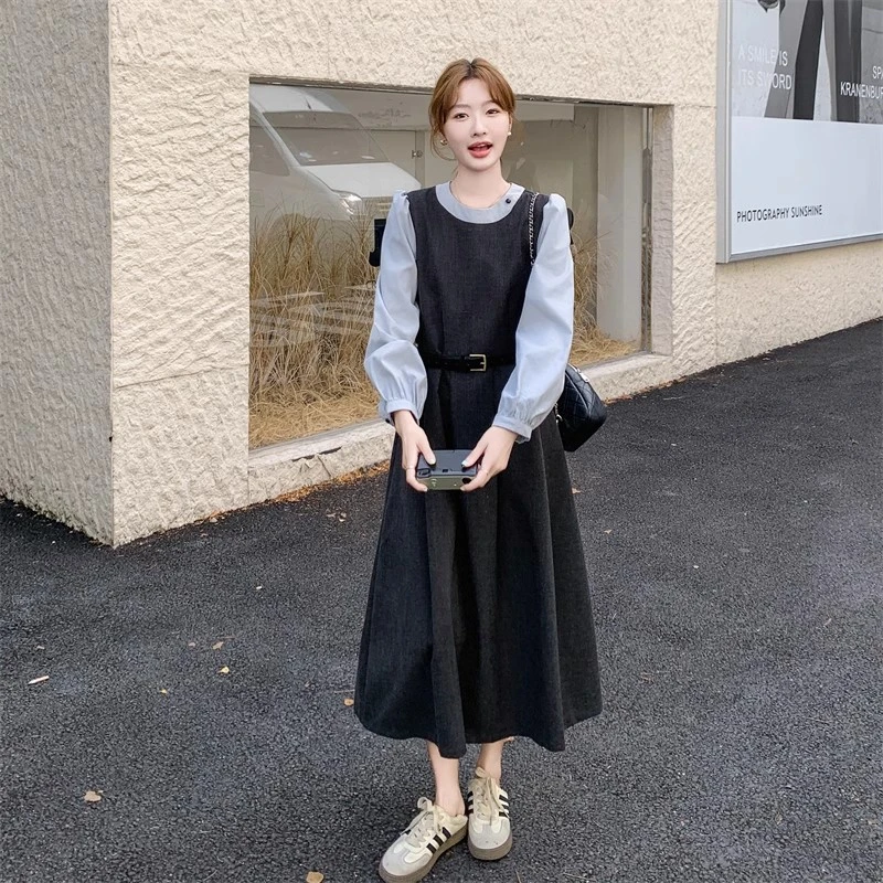 舒芙蕾轻法风灰色假两件连衣裙女秋季高级感韩系氛围感大方得体