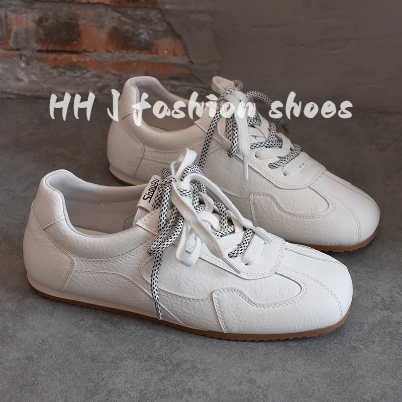 真皮德训鞋女2025新款秋季韩版芭蕾风休闲板鞋百搭厚底系带小白鞋