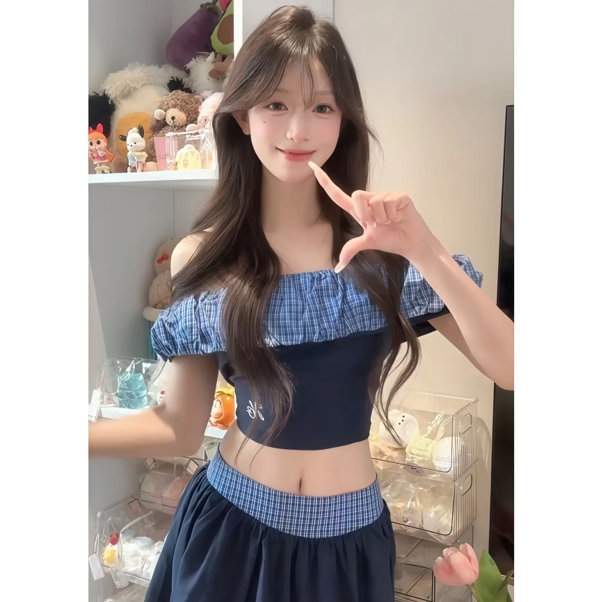 慵懒风韩系短袖T恤女设计感小众撞色格纹拼接一字肩显瘦修身上衣