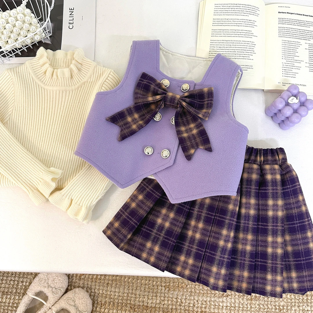 女童秋冬夹棉蝴蝶结马甲洋气学院风格子加绒百褶裙套装D68796