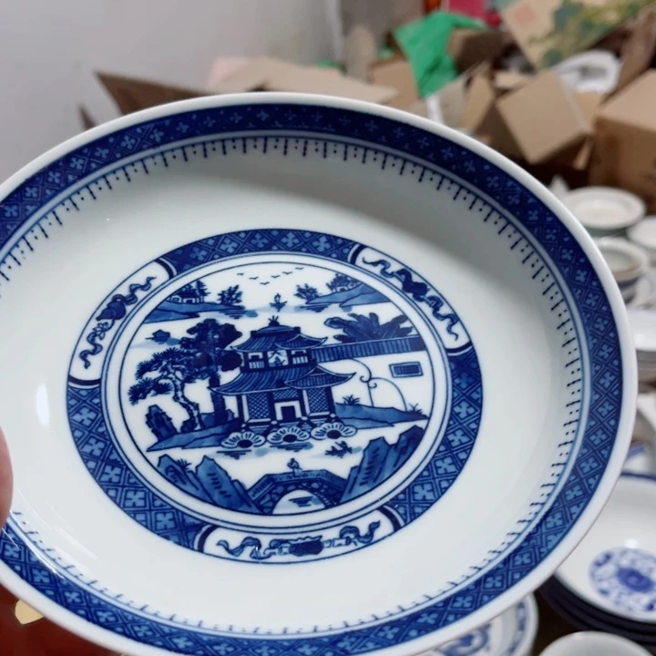 青花玲珑8寸窝盘梧桐微瑕办公室底款