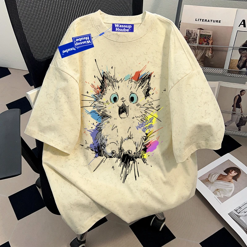 WASSUP HSUBE猫咪短袖重磅纯棉t恤男女情侣上衣设计感oversize
