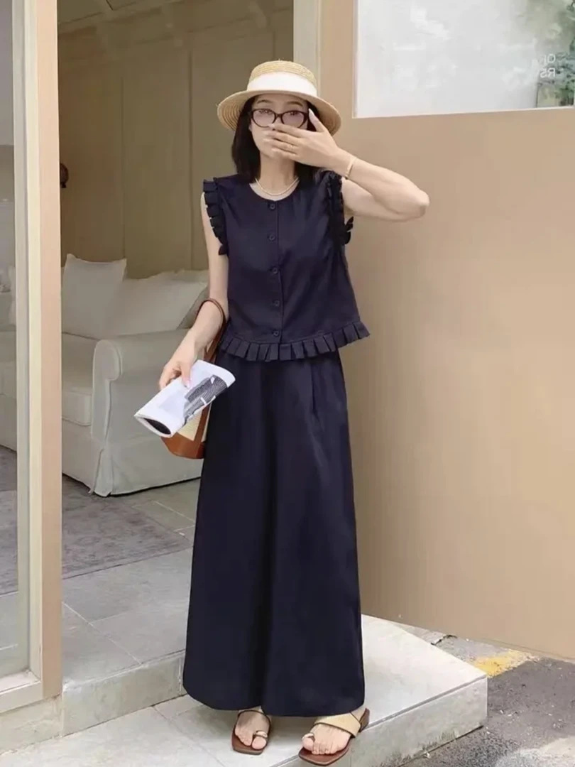 2025夏季韩系贵气感时尚无袖短上衣休闲阔腿裤两件套装