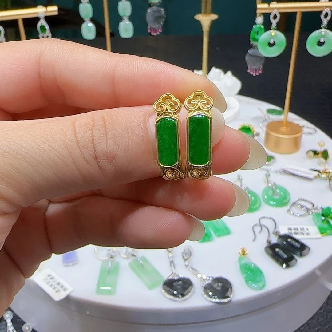 翡翠银S925镶嵌耳饰天然缅甸a货翡翠