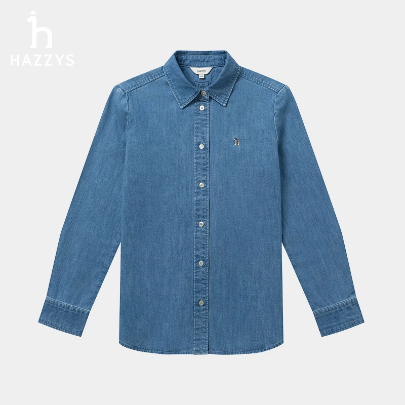 「商场同款」Hazzys哈吉斯女士春季长袖牛仔衬衫简约百搭衬衣