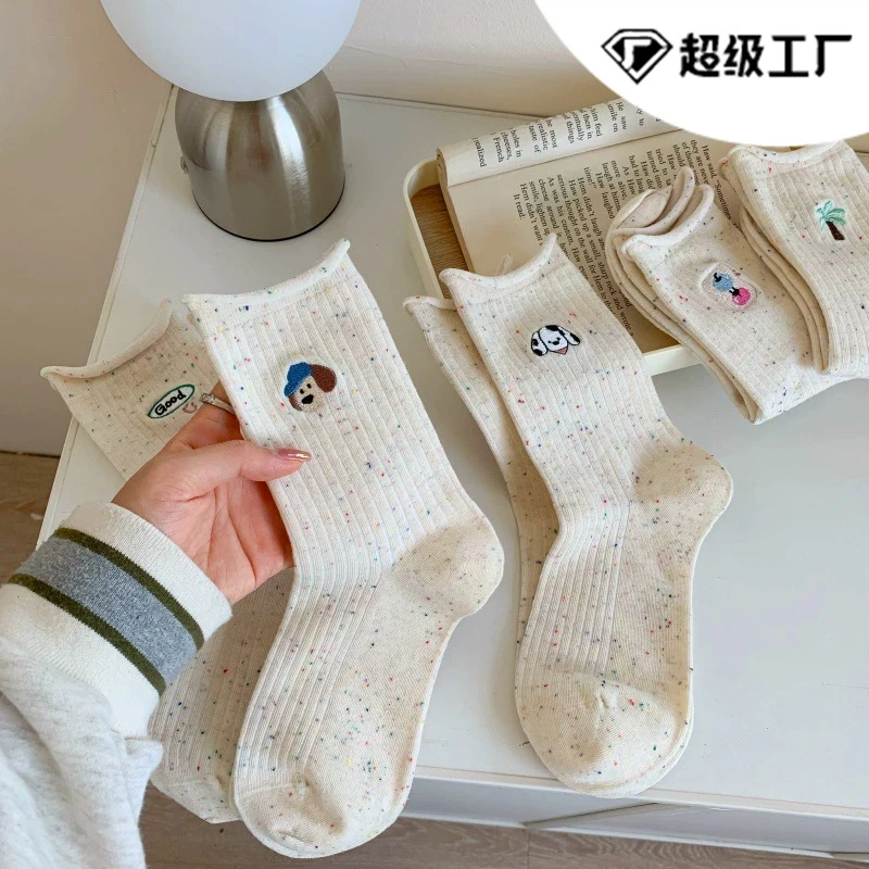 25春夏小狗卷边袜子女刺绣小白袜简约韩系风卡通可爱精梳棉堆堆袜