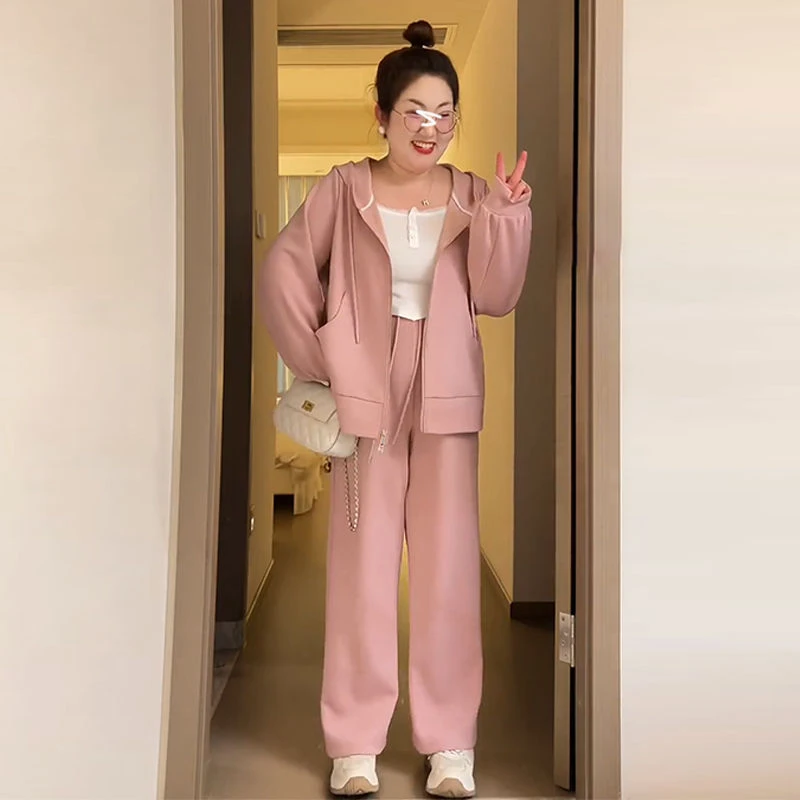 大码女装300斤秋冬粉色套装时尚休闲运动套装卫衣外套裤子两件套