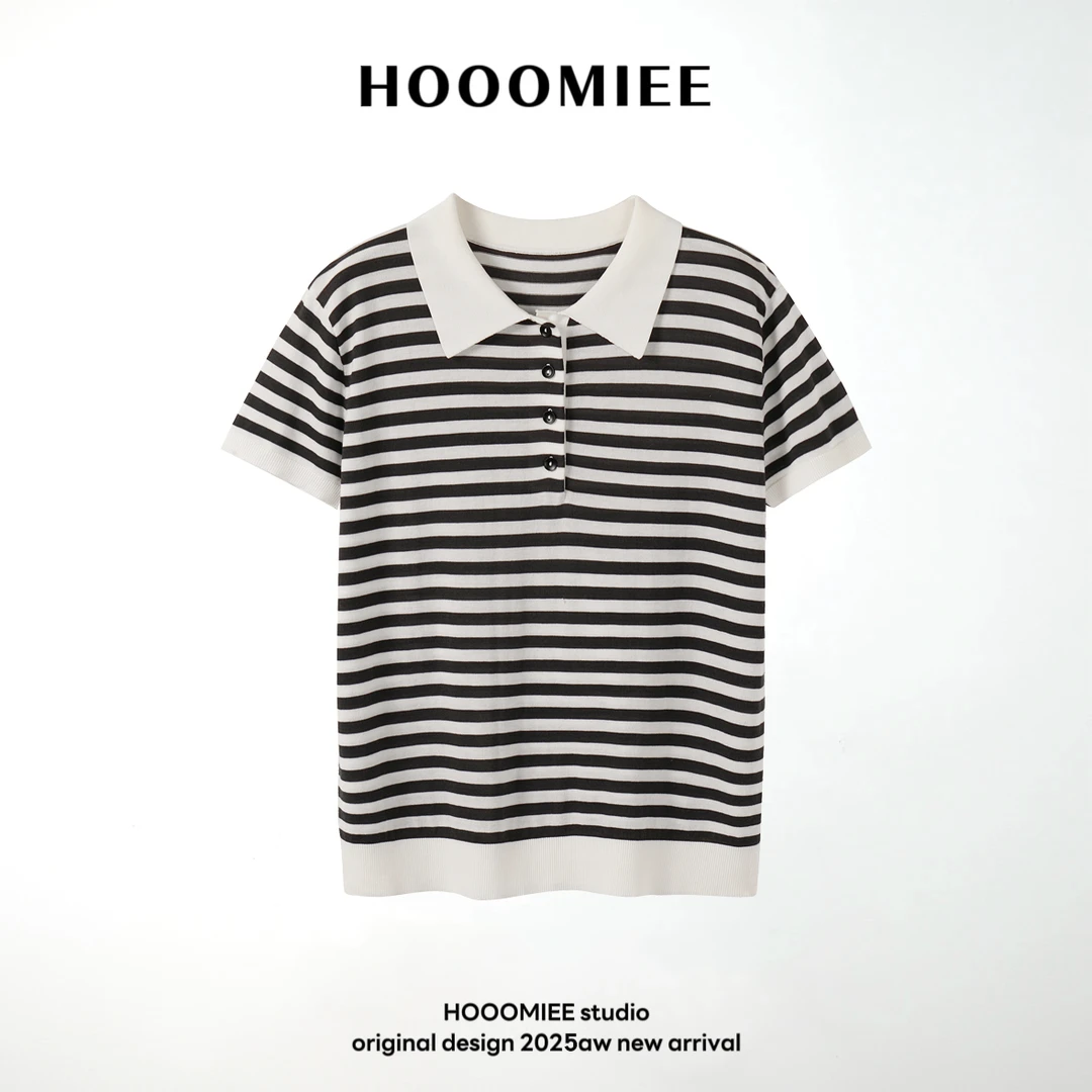 Hooomiee潮流轻简条纹百搭翻领女士短袖J25043