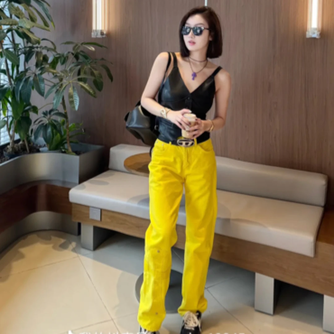 【MDX双十一】多巴胺黄十字架拼皮时尚百搭直筒牛仔裤情侣同款女款
