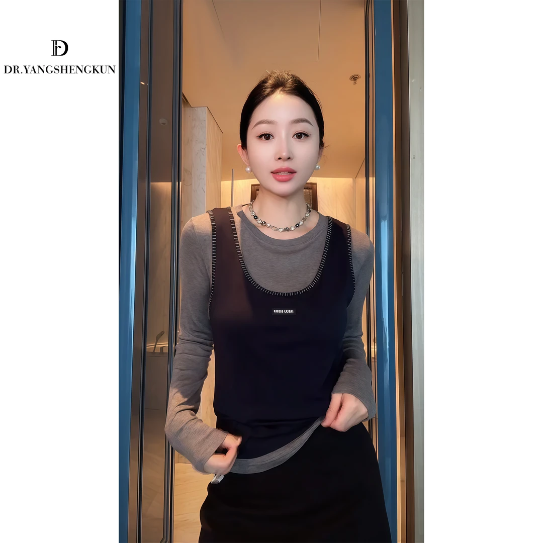 杨圣坤2025新品女士天丝羊毛混纺时尚百搭假两件长袖T恤SQ259926