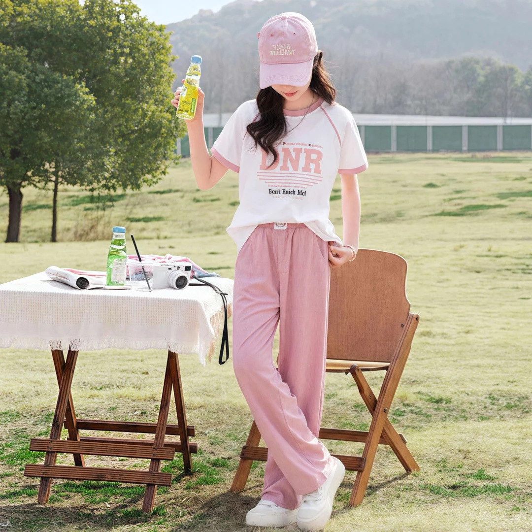 女童夏季运动休闲套装2025中大童学生夏装宽松短袖T恤长裤两件套