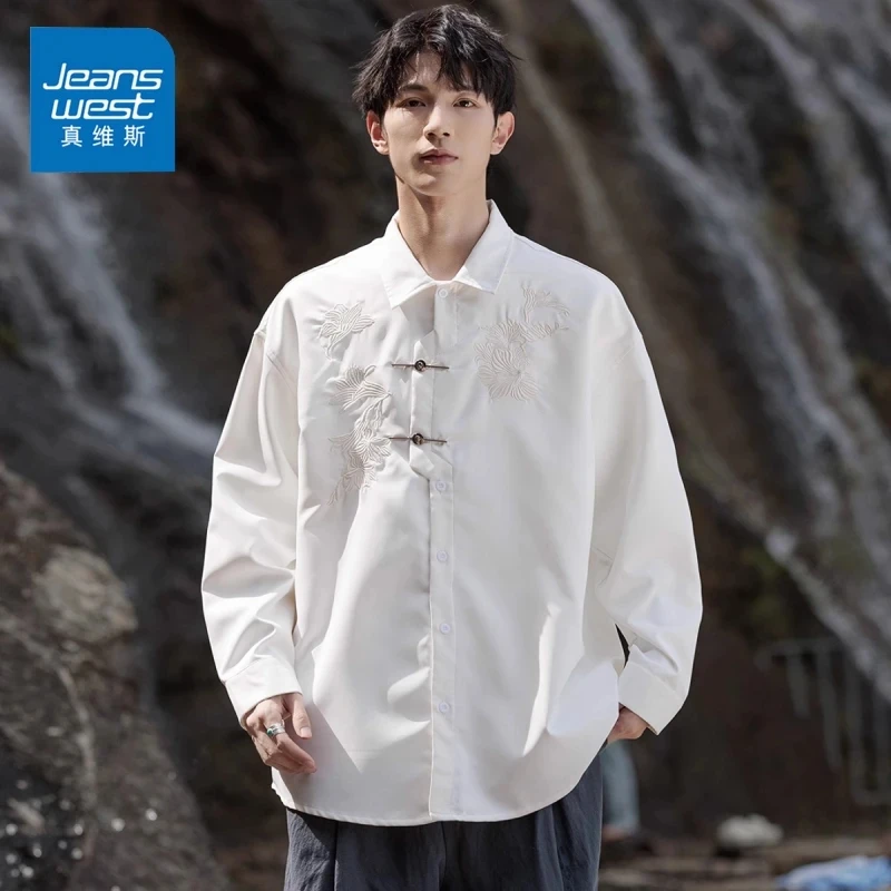 真维斯新中式衬衫男秋季盘扣刺绣高级感外套轻奢禅意唐装国风上衣