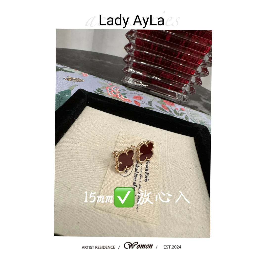 925银合成锆石耳饰 四叶花草红色轻奢时尚耳钉AL9015