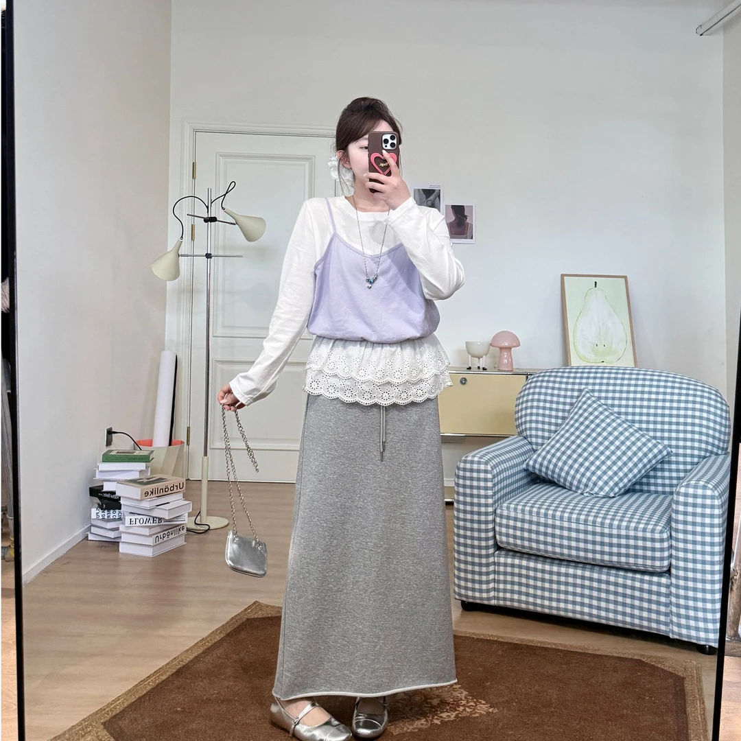 晶咕【娇俏少女】时尚百搭韩版假两件休闲蕾丝拼接上衣