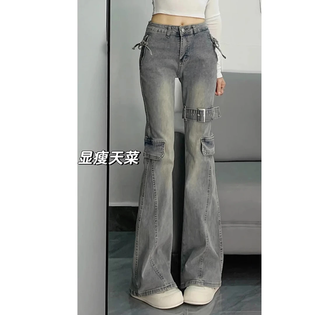 复古重工皮带拼接设计微喇牛仔裤女2025春季新款修身显瘦马蹄裤子