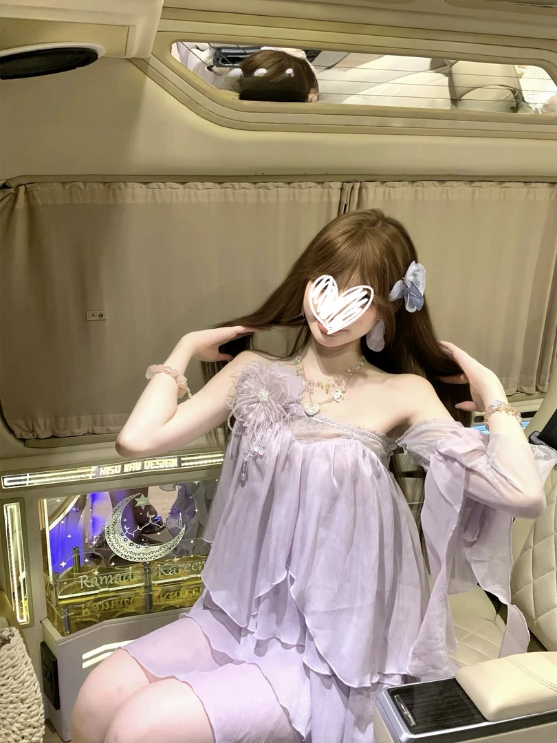 紫藤精灵/法式气质立体花朵海边度假感露肩网纱连衣裙