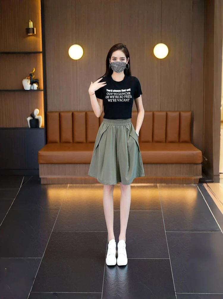 夏季高腰纯色阔腿裤女韩版拼接运动休闲时尚宽松气质显瘦百搭短裤