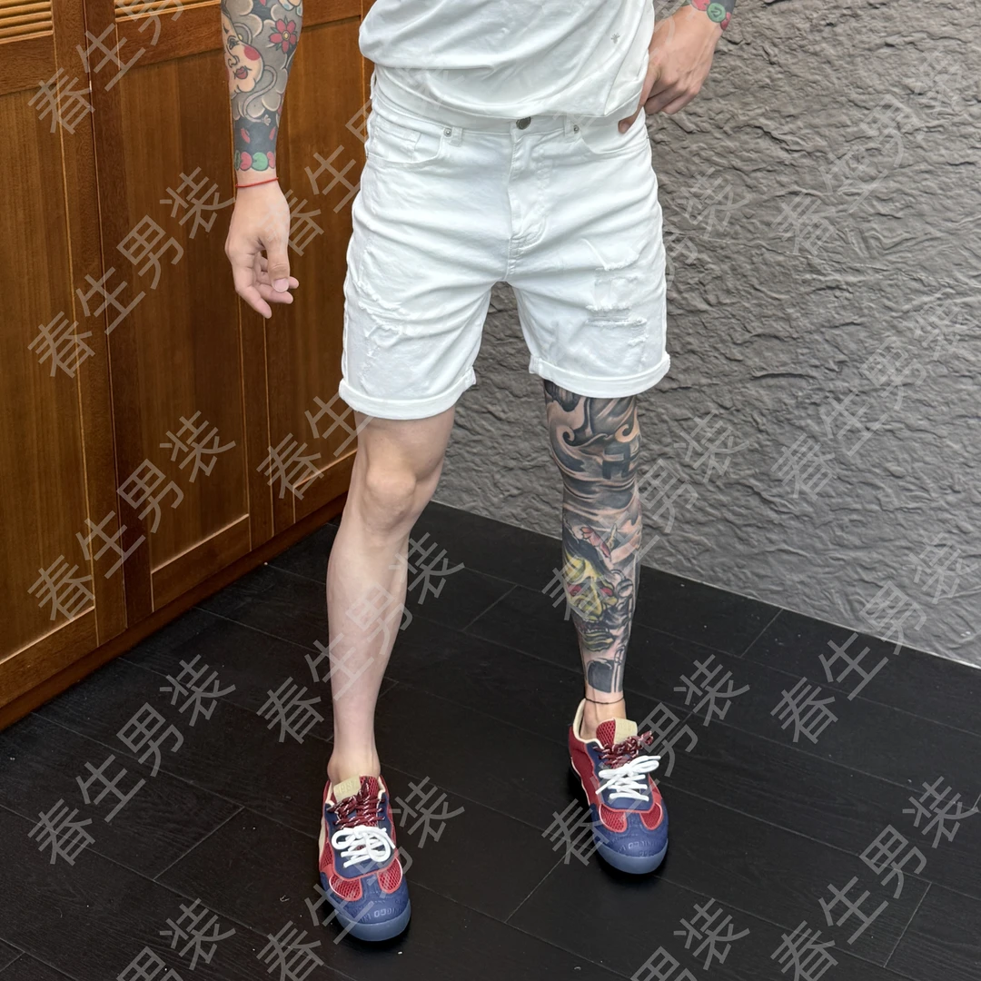2025春季新款时尚休闲百搭净版破洞修身男士牛仔短裤3385