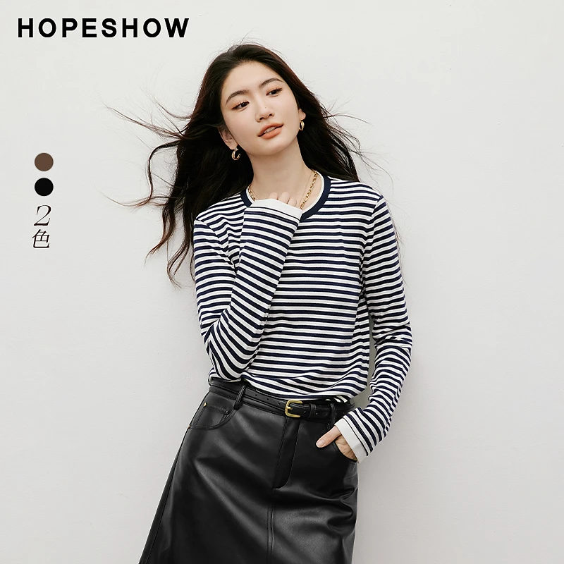 红袖2025秋新款女装 拼接撞色条纹正肩长袖圆领短上衣90125280202