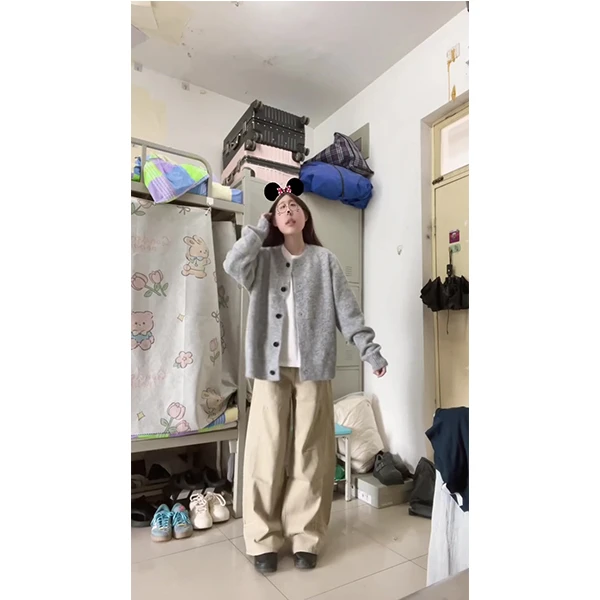 灰色宽松百搭慵懒风加厚圆领针织开衫无性别毛衣外套裤子两件套装