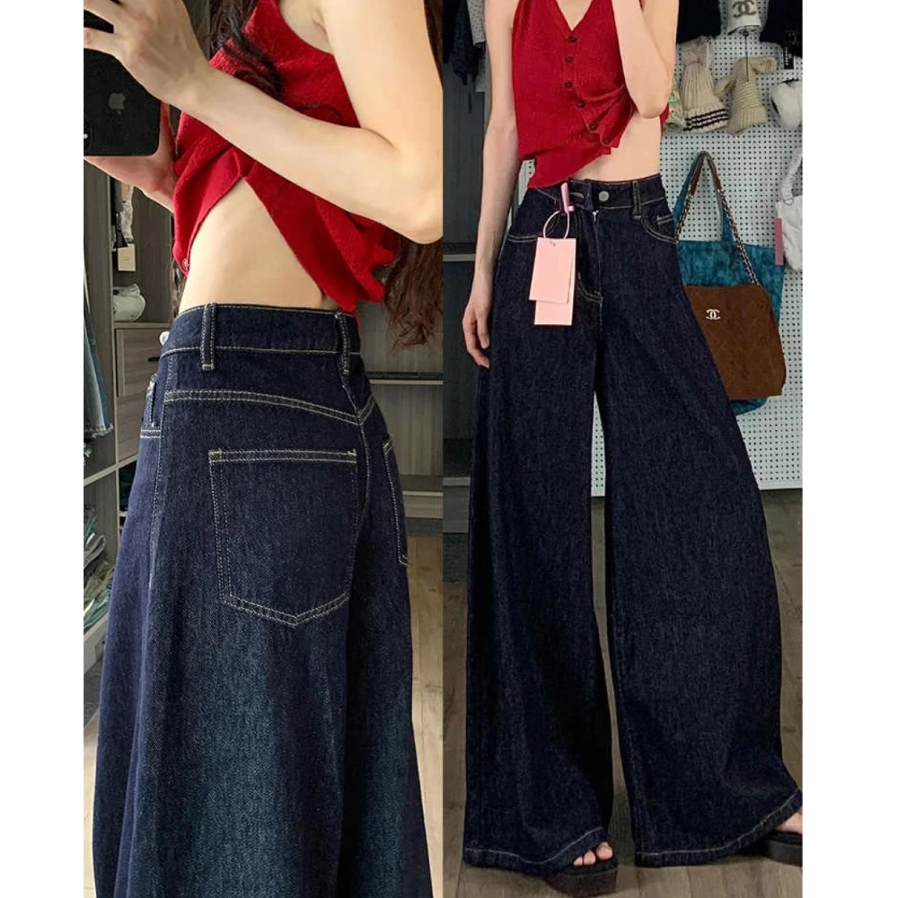复古深色简约高级感A版牛仔裤女2025冬季新款高腰显瘦遮跨阔腿裤