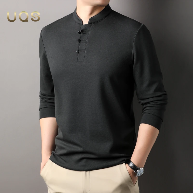 中山领秋季男士盘扣长袖上衣纯色休闲百搭打底衫时尚国风简约大气